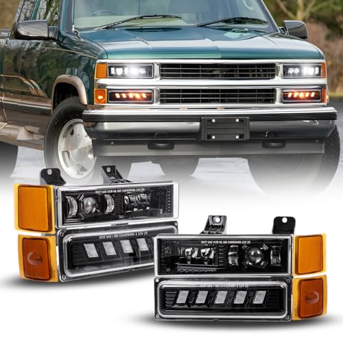 BICYACO 5-in-1 DOT LED Headlight Assembly with Turn Signal Side Marker Anti-Glare 6600LM Hi/Lo Beam IP67 Waterproof Plug N Play for OBS 1994-1999 Chevy Silverado Tahoe Suburban C/K 1500 2500 3500