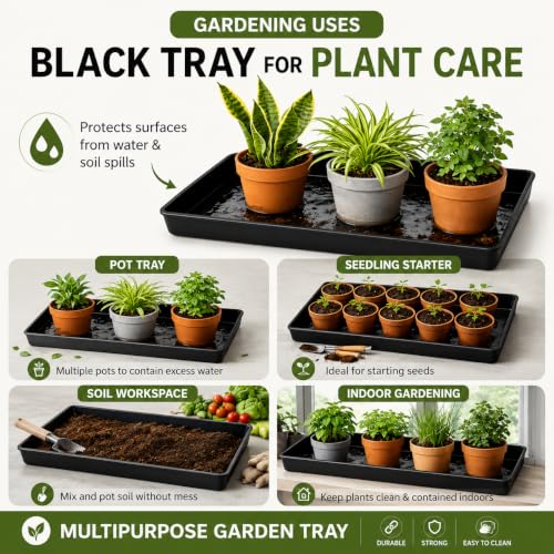 Image of Set of 2 Heavy Duty Plastic Utility Trays for Tubular Battery, Plant Pots, Seedlings & Nursery | Drip Water Collection, Gardening & Soil Mixing | Black Colour (2 Set Tray)