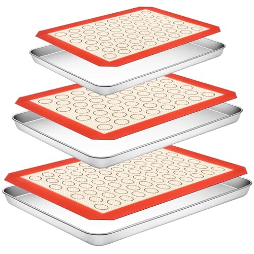 Baking Sheet With Silicone Baking Mat Set,Cekee Stainless Steel Baking Sheet Pan Tray, Cookie Sheets For Baking, 6Pcs Baking Supplies Bakeware Sets For Oven Making Cookies, Macaroons, Bread