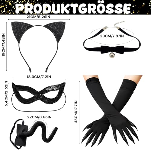 QckZee 5-teiliges Katzenkostüm Damen Set – Katzenohren Haarreif, Katzenschwanz, Handschuhe, Maske & Halsband – Cosplay Zubehör für Erwachsene, Halloween Verkleidung & Rollenspiel