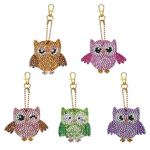 Soleebee 5D DIY Diamant Plein Peinture Porte-clés Strass Peinture Broderie Porte-clés Double Face Pendentif Artisanat Strass Peinture Complète Kits Bijoux Cadeau (5pcs Hibou mignon)