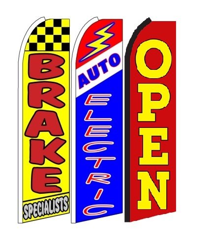 Brake+Specialists,+auto+Electric Open King Swooper Feather Flag Sign- Pack of 3 (Hardware Not Included)
