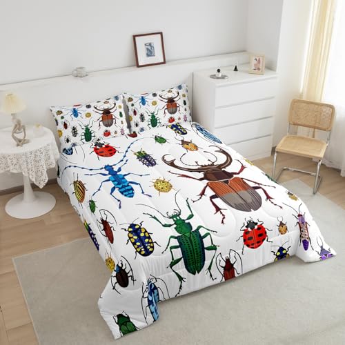 Image of Feelyou Kids Bug Comforter Queen Boys Flying Bugs Pattern Comforter Set for Girls Children Colorful Beetle Collection Decor Bedding Set Soft Lightweight Nature Animal Bed Set 1 Comforter 2 Pillow Case