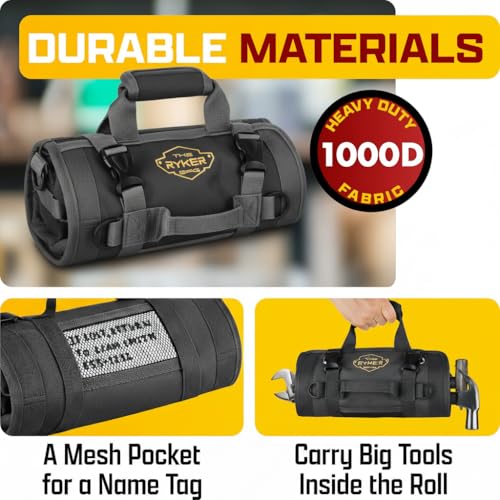 Image of Ryker Original Heavy Duty Roll Up Tool Bag Organizer w /Detachable Pouches | Small Tool Kit Pouch Work Bag for Contractor, Mechanic, Technician, Electrician & HVAC Tools. Portable Camping Rollup Toolbag