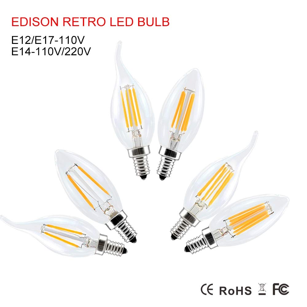 Luz del hogar 10 unids/lote bombilla LED tipo vela 2W 4W 6W C35 E12 E14 E17 lámpara de diodo LED filamento Retro Edison AC110V 220V bombilla de araña de alto Lumen(6W B Warm White E14 220V)