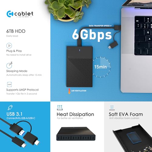 Image of Cablet 2.5 Inch SATA Type C 3.1 HDD /SSD 6GBPS Speed Portable External Enclosure, 7mm and 9.5mm, Tool-Free Design, Supports UASP Max 6TB (Type C)