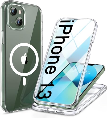 Image of Miracase for iPhone 13 Case 6.1'',Full-Body Magnetic Clear Bumper Case with Built-in 9H Tempered Glass Screen Protector,Military Drop Protection Outdoor Phone Case,Clear