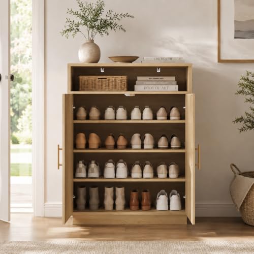 Image of Shoe Cabinet with Arched Doors, 43 inch Tall Large Hidden Shoe Storage Cabinet with Adjustable Shelves, 5-Tier Mid Century Modern Shoe Rack Organizer for Entryway Hallway Living Room,Oak, Set of 2