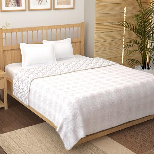 Image of Story@Home AC Quilted King Size Bed Cotton 100% | 150GSM 225 x 240 CM Quilt AC Blanket for Summer | AC Comforter Double Bed |White & Magenta, Dashed line & Leaf Reversible Design | All-Season Blanket