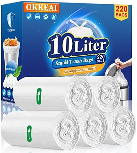OKKEAI 220 Count 10L Bin Bags Small Bin Liners for Bathroom Waste Paper Bin Liners White Mini Rubbish Bags Clear Trash Bags for Toilet Bedroom Office Kitchen
