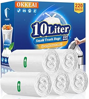 OKKEAI 220 Count 10L Bin Bags Small Bin Liners for Bathroom Waste Paper Bin Liners White Mini Rubbish Bags Clear Trash Bags for Toilet Bedroom Office Kitchen