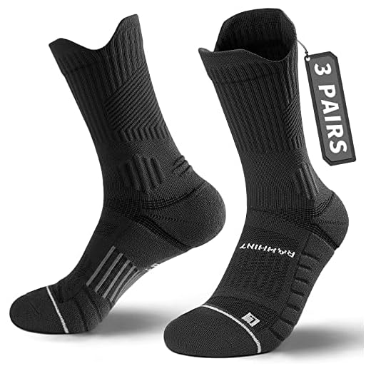 Rahhint Compression Running Socks 3 Pairs, Cushion Crew Socks, Anti-Blister Moisture Wicking Athletic Hiking Basketball Socks