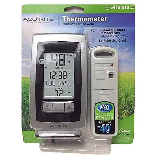 Acurite Digital Indoor / Outdoor Wireless Thermometer 00754w4 with Self-setting Clock and Daily High/low