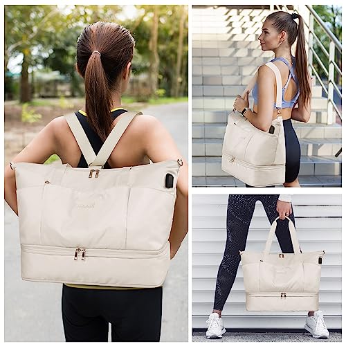 Etronik Weekender Bag For Women, Expandable Travel Duffel Bag With Usb Charging Port, Gym Bag With Shoe Compartment And Wet Pocket, Carry On Tote Bag For Women Travel Airplanes 3Pcs Set, Beige #TOP6