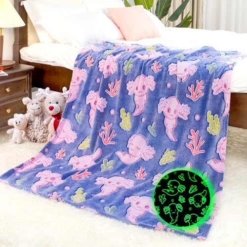 IMUKU Axolotl Blanket for Girls - Axolotl Gifts Toys for 2 3 4 5 6 7 8 9 10 Year Old Girls Boys - Glow in The Dark Salamander Blanket Christmas Birthday Presents for Toddlers Teens Couch Bed 50