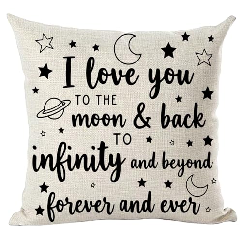 Image of Ramirar Word Art Quote I Love You to The Moon & Back to Infinity and Beyond Forever and Ever Decorative Throw Pillow Cover Case Home Living Room Bed Sofa Car Cotton Linen Square 18 x 18 Inches