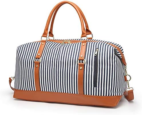 Women Canvas Travel Weekender Stripe Tote Overnight Bag Blue stripe 3 Women Canvas Travel Weekender Stripe Tote Overnight Bag Blue stripe