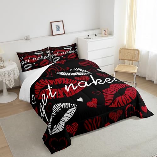 Image of Feelyou Sexy Lips Comforter Funny Get Naked Comforter Set for Couple Lover Kiss Bedding Set White Red Woman Mouth Pattern Decor Duvet Set Room Decor King Size Quilt Set 3Pcs