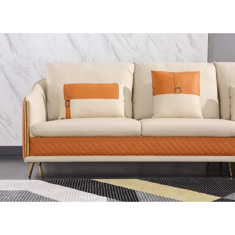 Image of Sofa Set T&T Co. Unique Verstile Design 3 Seater Sofa and 1 Chaise Luxury Imperia Collection Cushion Back with Upholstered Soft Touch Premium Leatherette for Living Room Loung (Orange & Beige)