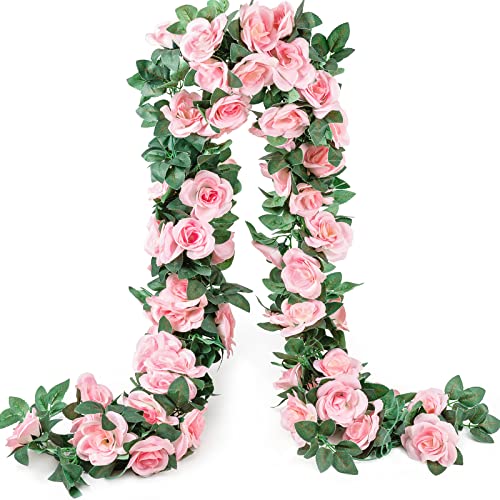 SWSTINLING 2 Pack Artificial Pink Rose Garland Vine - Total 16FT Silk Fake Blush Pink Rose Flower Hanging Vine for Wedding Arch Home Wall Decor Valentines Day Mothers Day Baby Shower Party