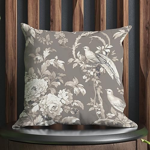 COVOME Tan French Country Toile Floral Outdoor Throw Pillow Covers Grey White Bird Throw Pillow Cover Accent Waterproof Pillowcase for Sofa Bed Chair Car 18x18 in