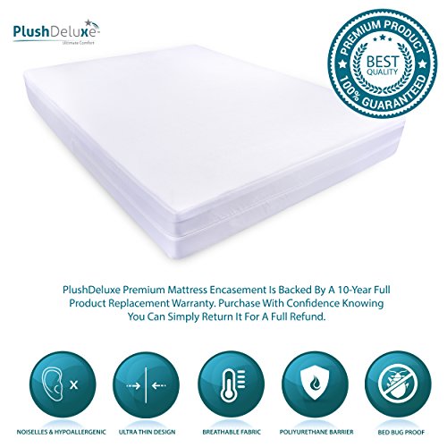 PlushDeluxe Premium Zippered Mattress Encasement, Waterproof, Bed Bug & Dust Mite Proof 6-Sided Protector Cover, Hypoallergenic Cotton Terry Surface (Fits12-15" Inches) Queen Size
