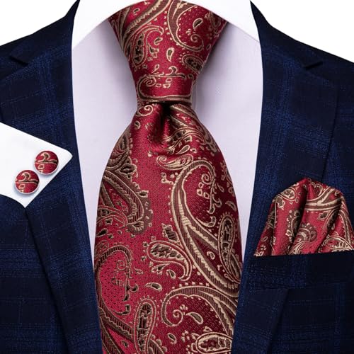 Image of Hi-Tie Paisley Floral Ties Set for Men Silk Mens Stripes Necktie Pocket Square Cufflinks Set Formal Business