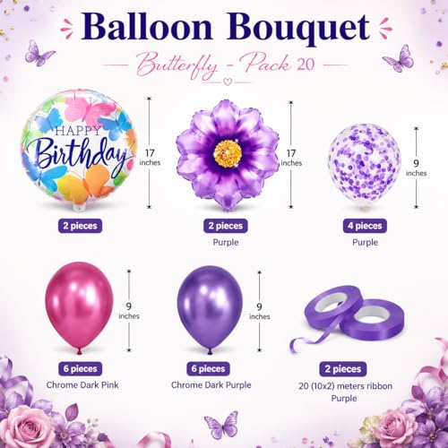 Image of AMFIN (Pack of 20) 17 Inch Butterfly Theme Birthday Balloon Bouquet Purple Chrome Metallic Finish Foil Latex Confetti Women Girls Decoration Item Kit Rainbow Flower