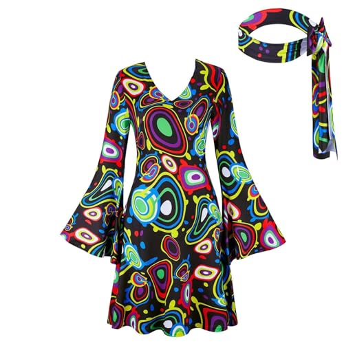 Image of Womens Fashion Floral Dress Vintaged Long Sleeve 60s 70s Disco Hippie 1970 Style Costume Tredny Cowgirl Birthday Prom Bling Evening Party Halloween Mini Dresses with Headband Black