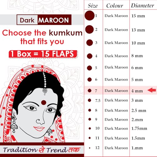 Image of PERPAA Premium Velvet Sticker Kumkum Bindi Box of 15 Flaps - Pottu for Women,Ladies, Girls (Size 7, Diameter 4mm, Dark Maroon), Self Adhesive
