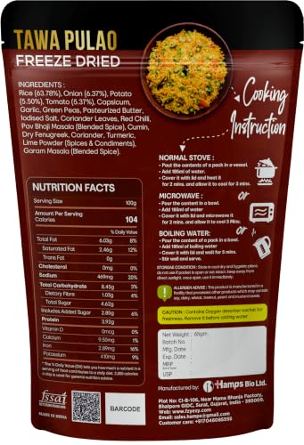 Image of FzyEzy Freeze-Dried Instant Meal Pack - Ready-to-Eat Travel Food | Lightweight, Long Shelf Life | Ideal for Camping, Hiking, Trekking, Emergency Survival | No Preservatives | Veg Meals (Tawa Pulao)