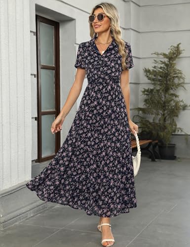 Image of Kranda Women 2026 Summer Collared V Neck Short Sleeve Button Down Chiffon Long Tiered Floral Maxi Dress with Pockets