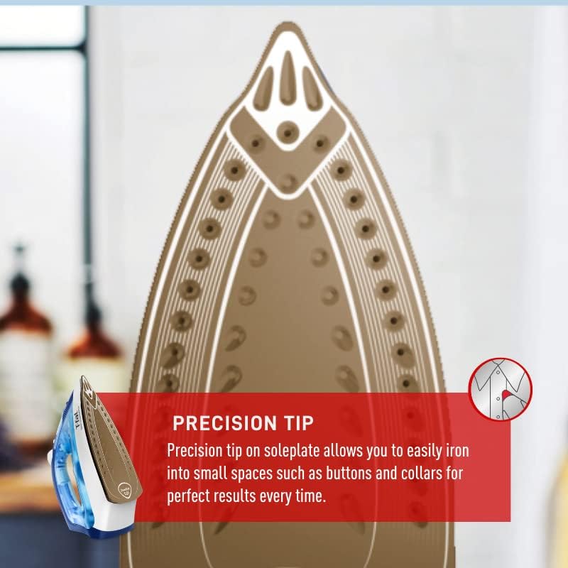 Close-up of T-fal iron soleplate showing precision tip