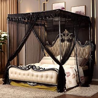 Mengersi 4 Corners Post Bed Curtain Canopy Netting Elegant Bed Drapes(Full, Black)