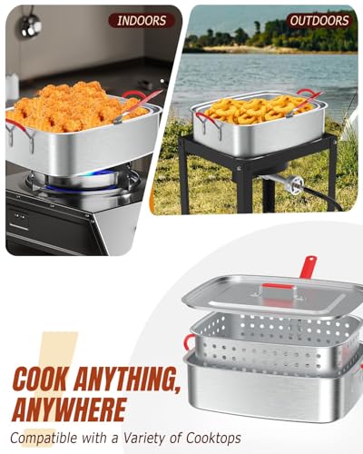 Image of 18QT Fish Fryer Pot with 18QT Basket, Aluminum Deep Fryer with Lid, Thermometer & Tongs, Outdoor Frying Pot for Fish, Chicken Wings & French Fries