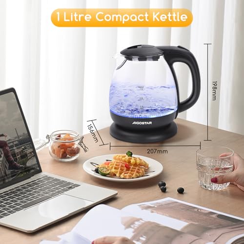 Aigostar Small Electric Kettle, Black Glass Kettle Cordless