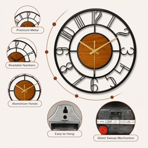 Image of Arabs Modern Metal & Wooden Wall Clock, Number PRO W, 40 CM | For Living Room Bedroom Office Kitchen, Stylish, Designer, Big Size