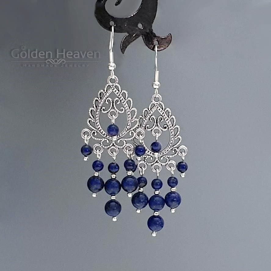 Lapis Lazuli Chandelier Earrings 925 Sterling Silver Hooks Long Vintage Style Women Jewelry Handmade Tibetan Silver in Gift Box - Image 2