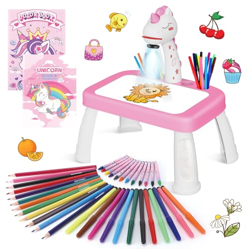 Konijiwa Cadeau Fille Projecteur Dessin Enfant avec 72 Motifs Jouet Fille Jeux Enfant 3 4 5 6 ans Licorne Jouet Cadeau avec Crayons de Couleur, Cahier de Dessin