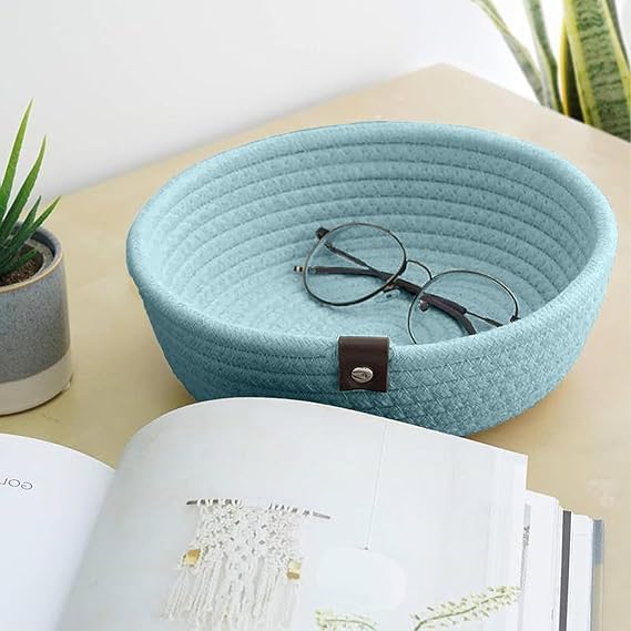 Image of [Set of 3-9 inch,8 inch,7 inch inch, Round, Blue] Handwoven Soft Jute Cotton Basket | Eco-Friendly Shelf Baskets, Naturally Reshapes After Filling | Ideal for Storage, Organization & Gift Hampers