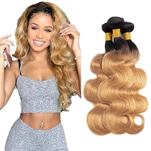 1B 27 Human Hair 3 Bundles Body Wave Brazilian Human Hair Bundles Tow Tone Hair Weave Double Weft Weaves For Women Ombre 1B27 3 Bundles 24 26 28 Inch
