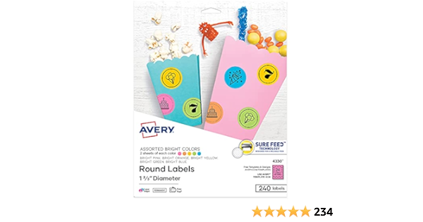 Avery Printable Round Labels with Sure Feed, 1-2/3 Inch Diameter, Assorted Bright Colors, 240 Customizable Labels (04330)