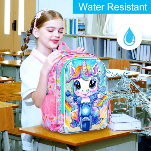 Image of 3Pcs Unicorn Backpack for Girls, 16 inch School Backpacks Set for Elementary Preschool Kindergarten, Kids Motorcycle Bookbag with Lunch Box(Pink)