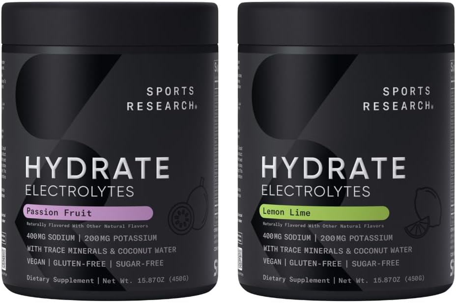 Sports Research Hydrate Electrolytes Powder - Sugar-Free & Naturally Flavored with Vitamins, Minerals, and Coconut Water - Supports Hydration - Passion Fruit & Lemon Lime