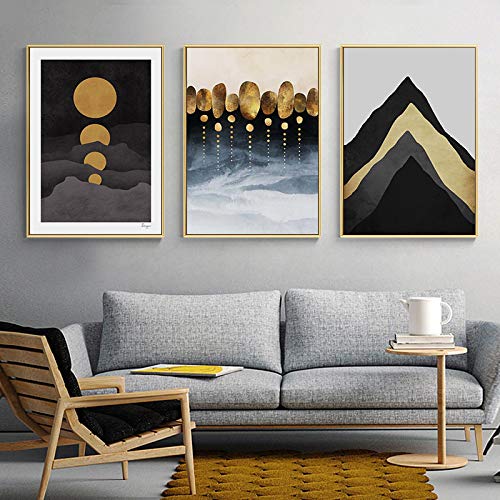 Art mural doré abstrait triptyque de montagne 50x70cm pour salon moderne