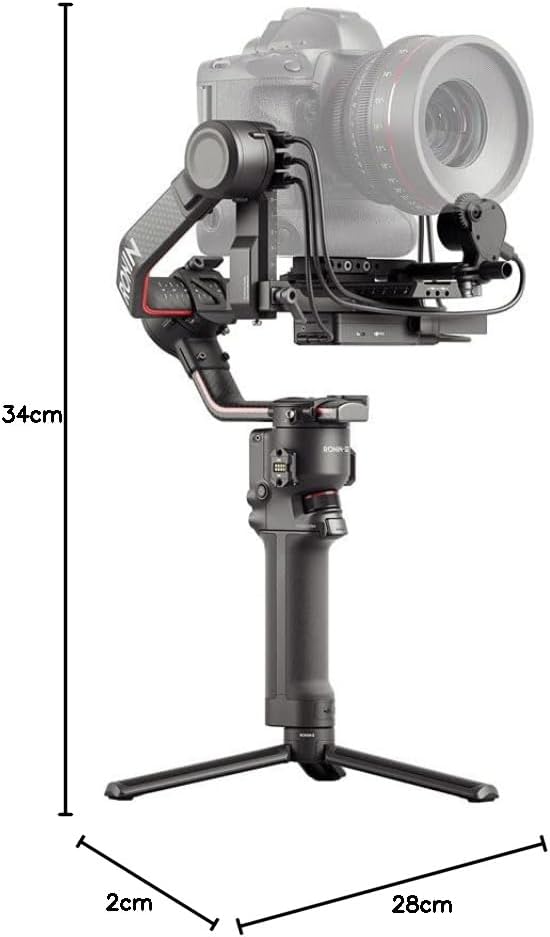 Diagram showing the dimensions of the DJI RS 2 gimbal: 34cm height, 28cm width, 2cm depth.