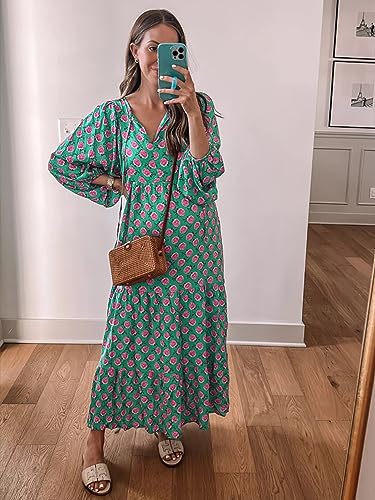 Miduo Womens Dresses Fashion Summer V Neck Half Sleeve Bohemian Floral Pattern Maxi Long Dresses Boho Flowy Dresses Green S thumb #5