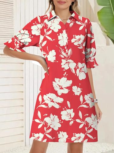 Image of FENSACE Womens Casual Shirt Dress Ruffle Sleeve Button Down Shift Summer Dresses with Pockets