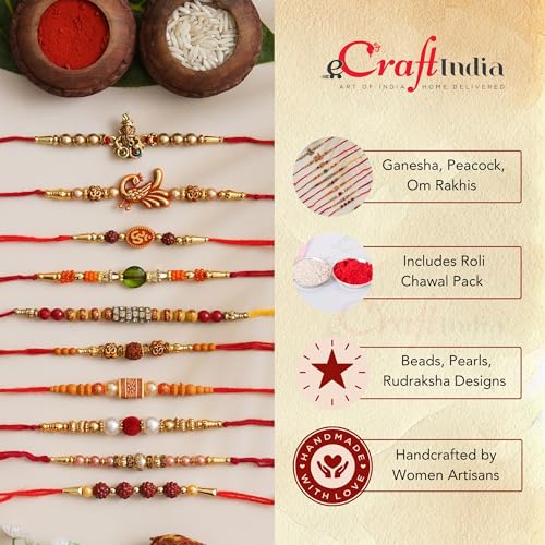 Image of eCraftIndia Red Blue Round Designer Rakhi for Brother Bhaiya Bhai | Roli Chawal Pack | Rakhi Combo