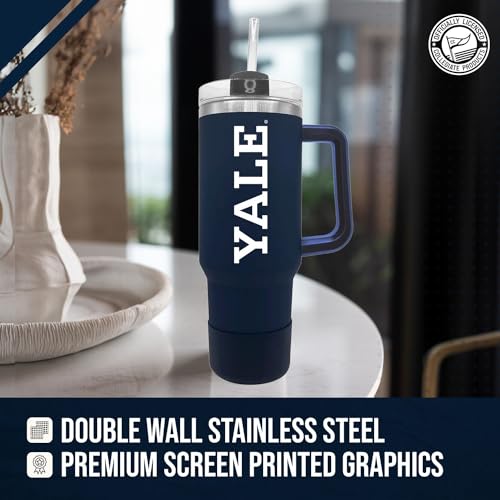 Image of Campus Colors College & University 40 oz Travel Tumbler With Handle - Dual Option Lid With Straw - Vacuum Insulated Stainless Steel (Yale Bulldogs - Navy)